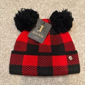 Igloos youth red/ black checkered knit hat with Pom-poms NWT.